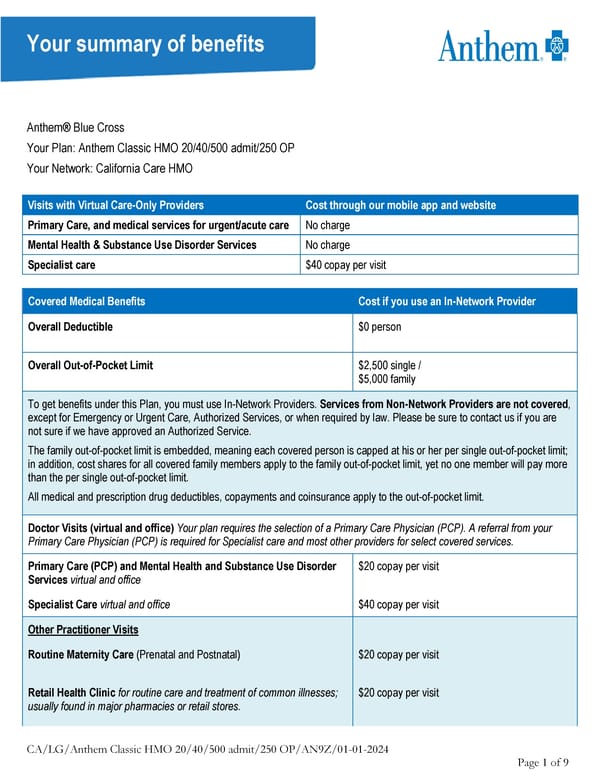 Anthem Classic HMO 20/40/500 admit/250 OP Summary - Page 1