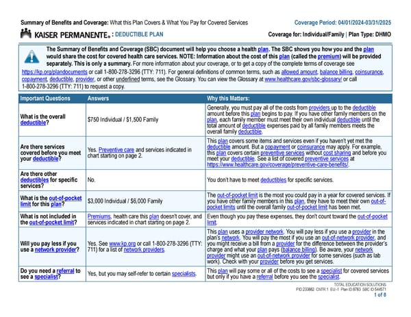 Kaiser Permanente DHMO 750 Southern California SBC - Page 1