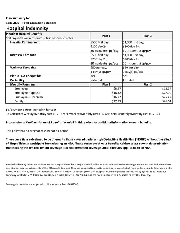 Hospital Indemnity Benefits Summary - Page 1