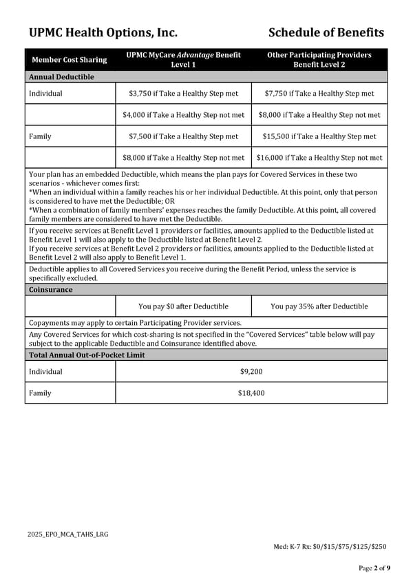 UPMC Health Options Schedule of Benefits - Page 2