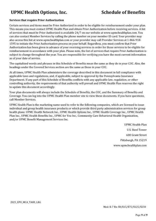 UPMC Health Options Schedule of Benefits - Page 9