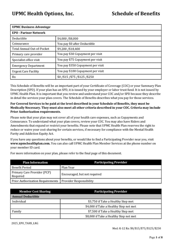 UPMC Health Options Schedule of Benefits - Page 1