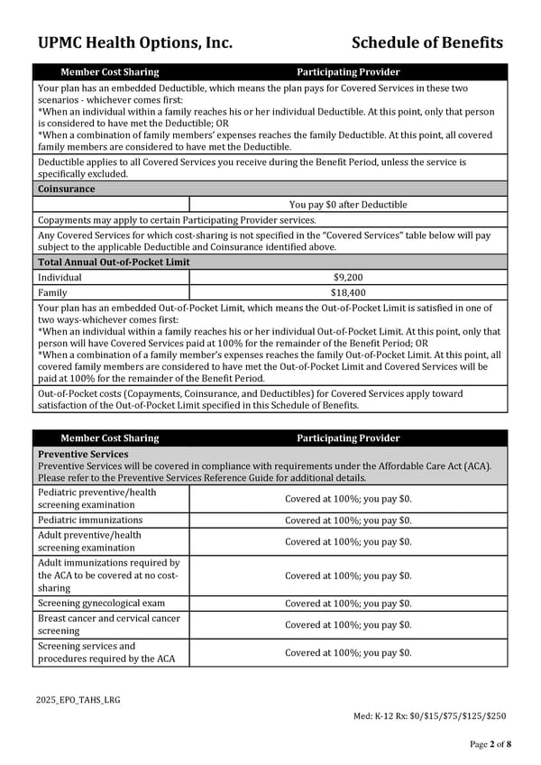 UPMC Health Options Schedule of Benefits - Page 2