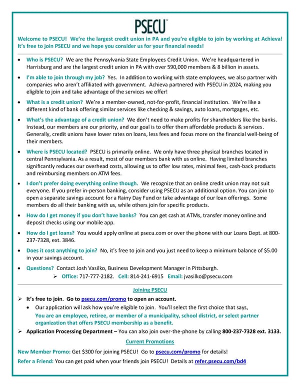 Welcome to PSECU: Joining Information for Achieva Employees - Page 1