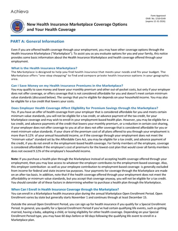 New Health Insurance Marketplace Coverage Options and Your Health Coverage - Page 1