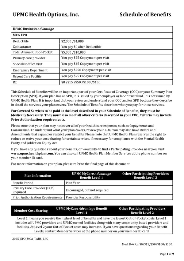 UPMC Health Options: Schedule of Benefits - Page 1