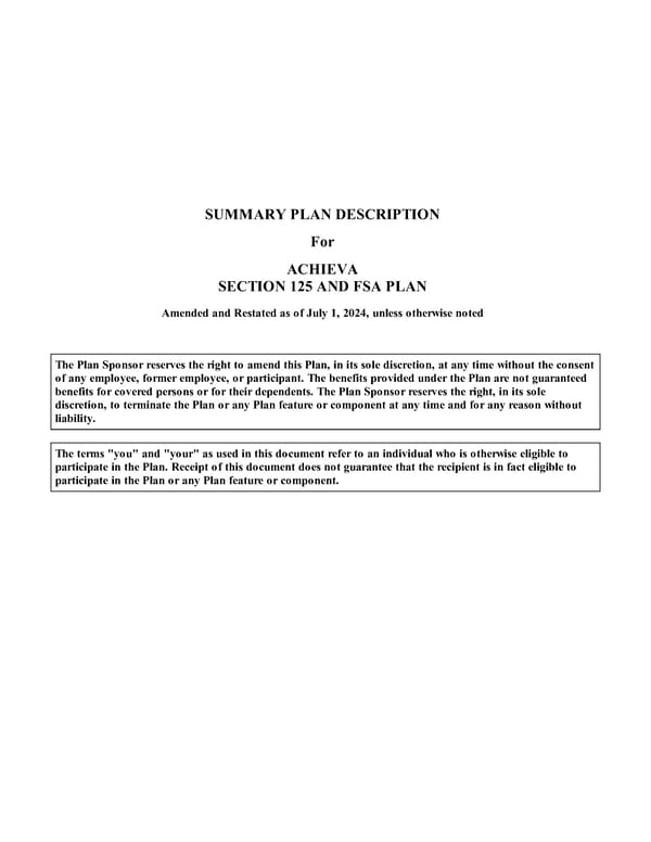 Summary Plan Description for Achieva Section 125 and FSA Plan - Page 1