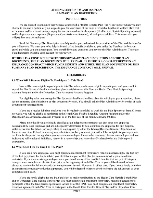 Summary Plan Description for Achieva Section 125 and FSA Plan - Page 4