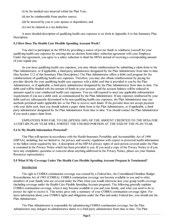 Summary Plan Description for Achieva Section 125 and FSA Plan - Page 9