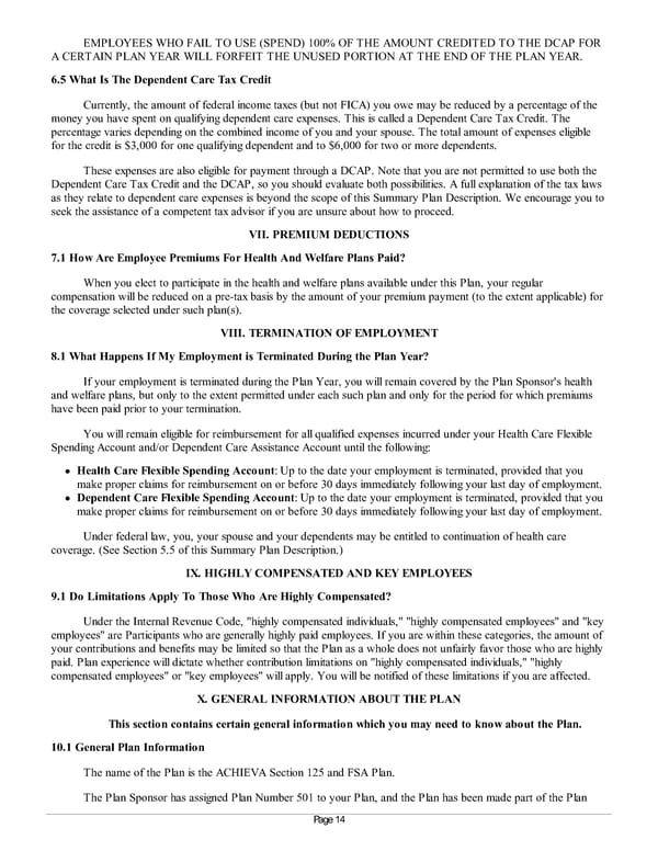 Summary Plan Description for Achieva Section 125 and FSA Plan - Page 14