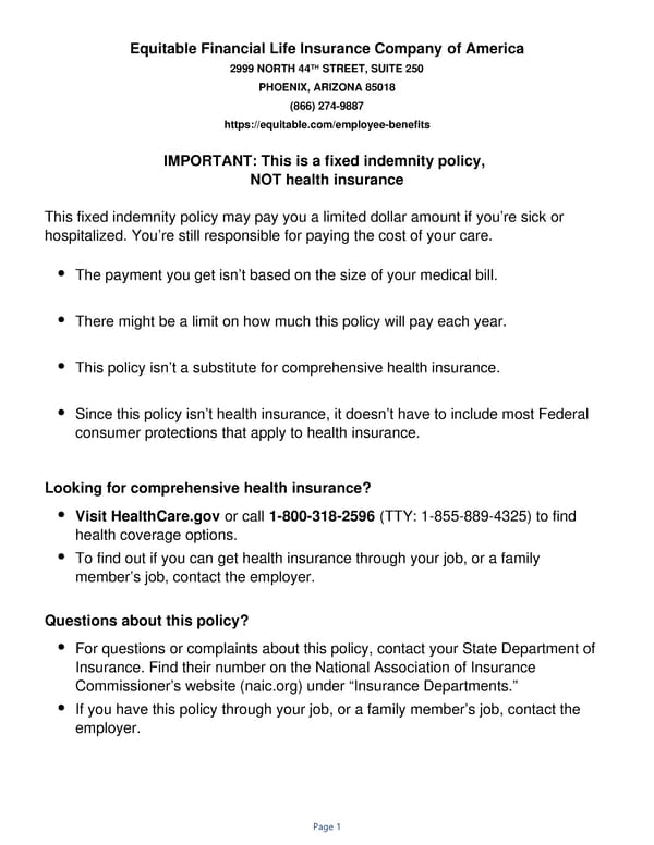 Equitable Financial Life Insurance Fixed Indemnity Policy Overview - Page 1