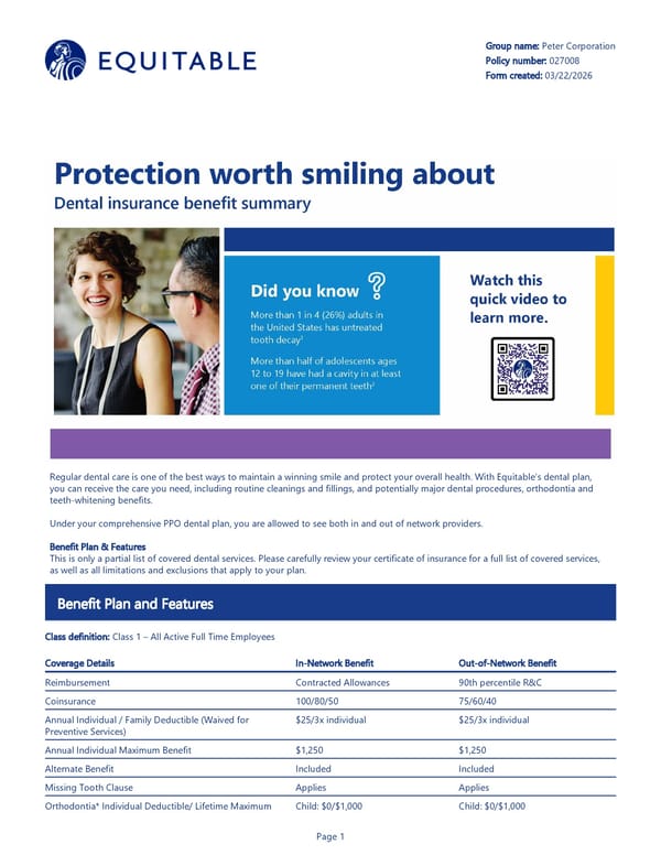 Equitable Dental Insurance Benefit Summary - Page 1