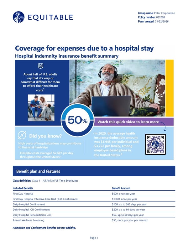 Hospital Indemnity Insurance Benefit Summary - Page 1