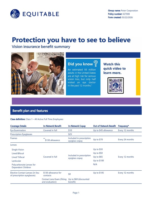 Vision Insurance Benefit Summary - Page 1