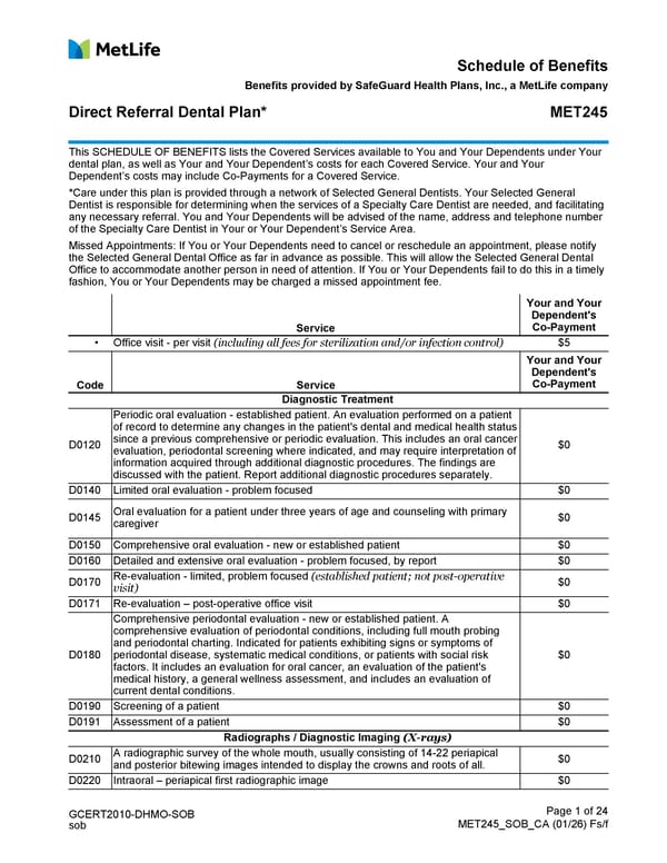 MetLife Direct Referral Dental Plan Schedule of Benefits - Page 1