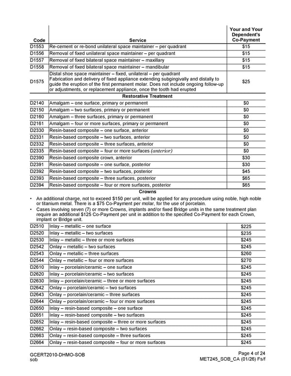 MetLife Direct Referral Dental Plan Schedule of Benefits - Page 4
