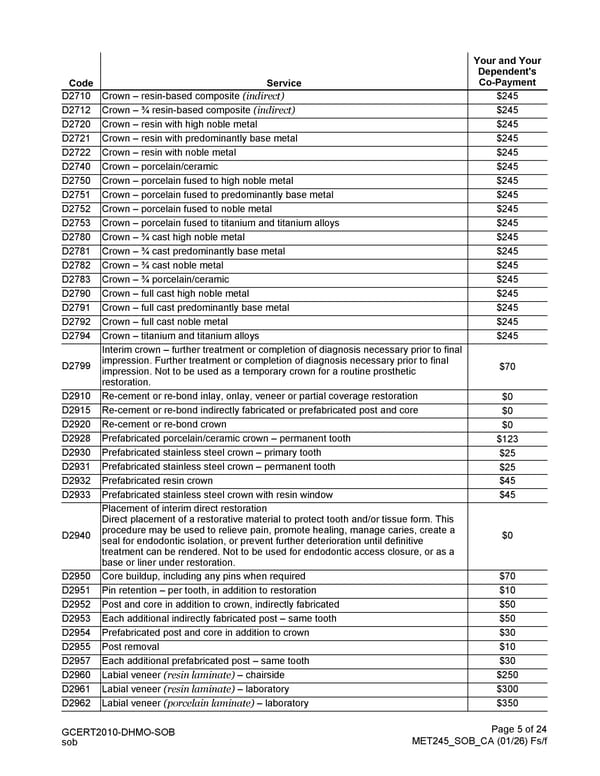 MetLife Direct Referral Dental Plan Schedule of Benefits - Page 5