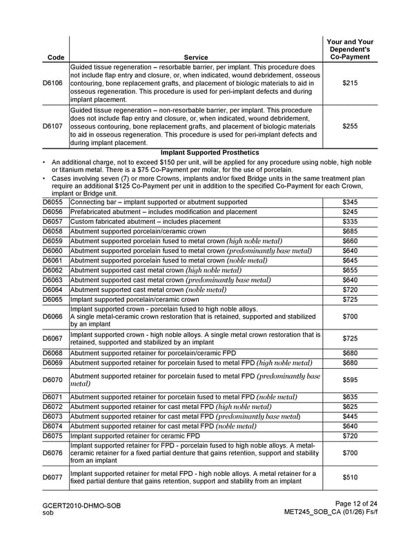 MetLife Direct Referral Dental Plan Schedule of Benefits - Page 12