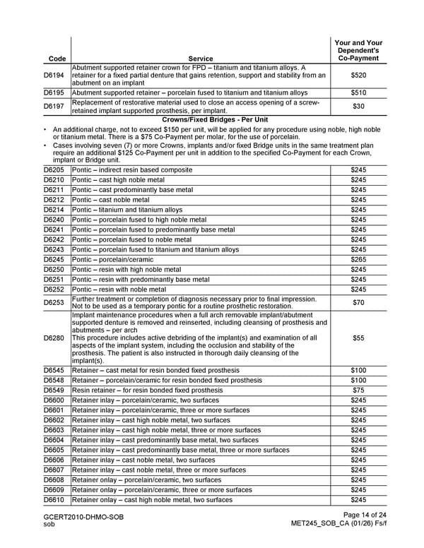 MetLife Direct Referral Dental Plan Schedule of Benefits - Page 14