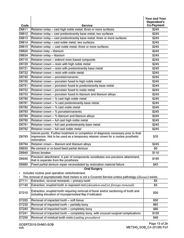 MetLife Direct Referral Dental Plan Schedule of Benefits - Page 15