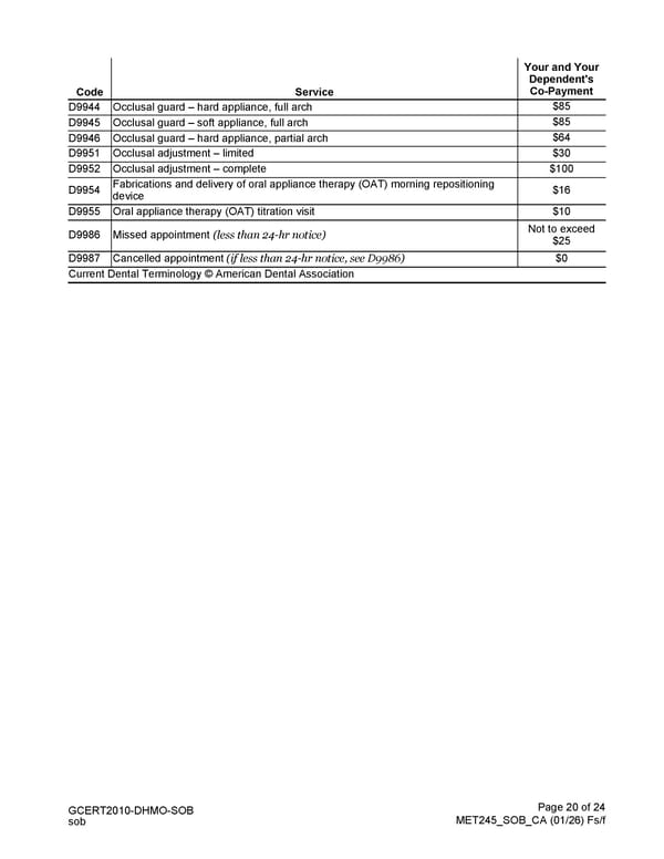 MetLife Direct Referral Dental Plan Schedule of Benefits - Page 20
