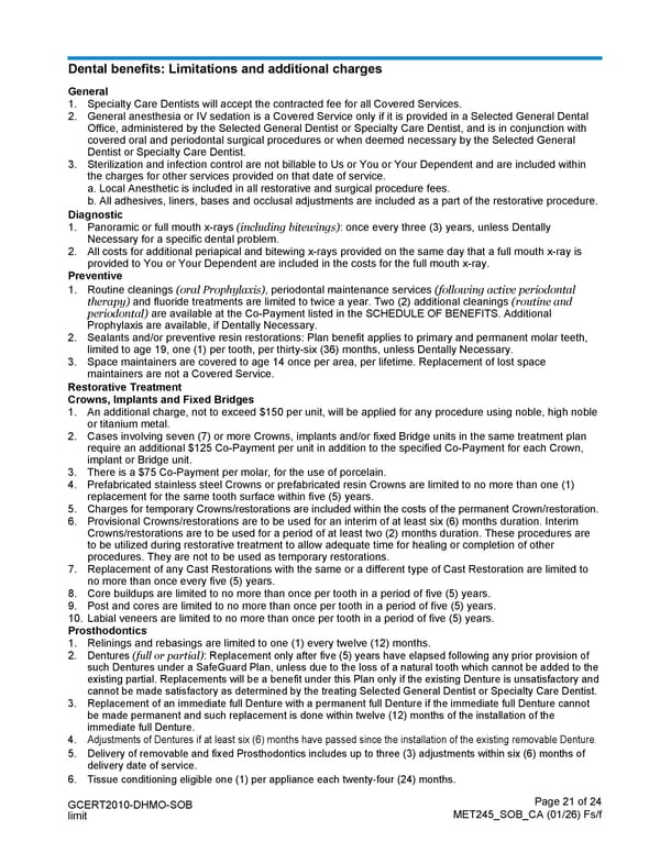 MetLife Direct Referral Dental Plan Schedule of Benefits - Page 21