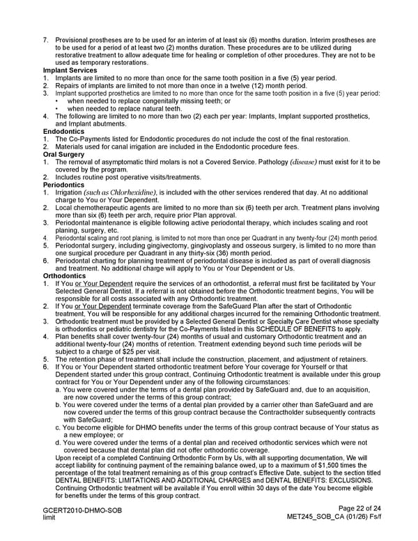 MetLife Direct Referral Dental Plan Schedule of Benefits - Page 22