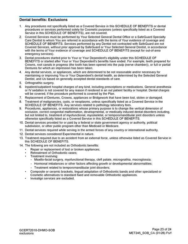 MetLife Direct Referral Dental Plan Schedule of Benefits - Page 23